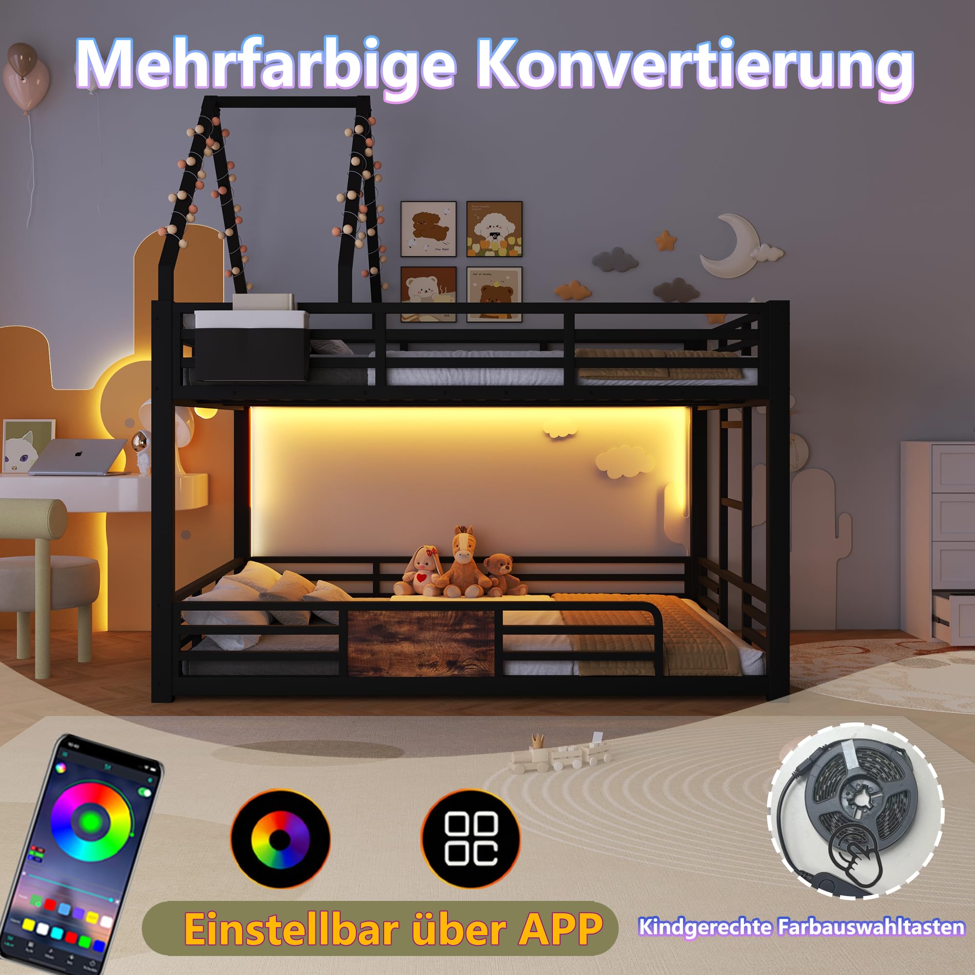 Etagenbett 140x200 cm aus Metall, Hausbett-Design, Dachrahmen, Stofftaschen-Aufbewahrung & Sicherheitsgeländer, Schwarz