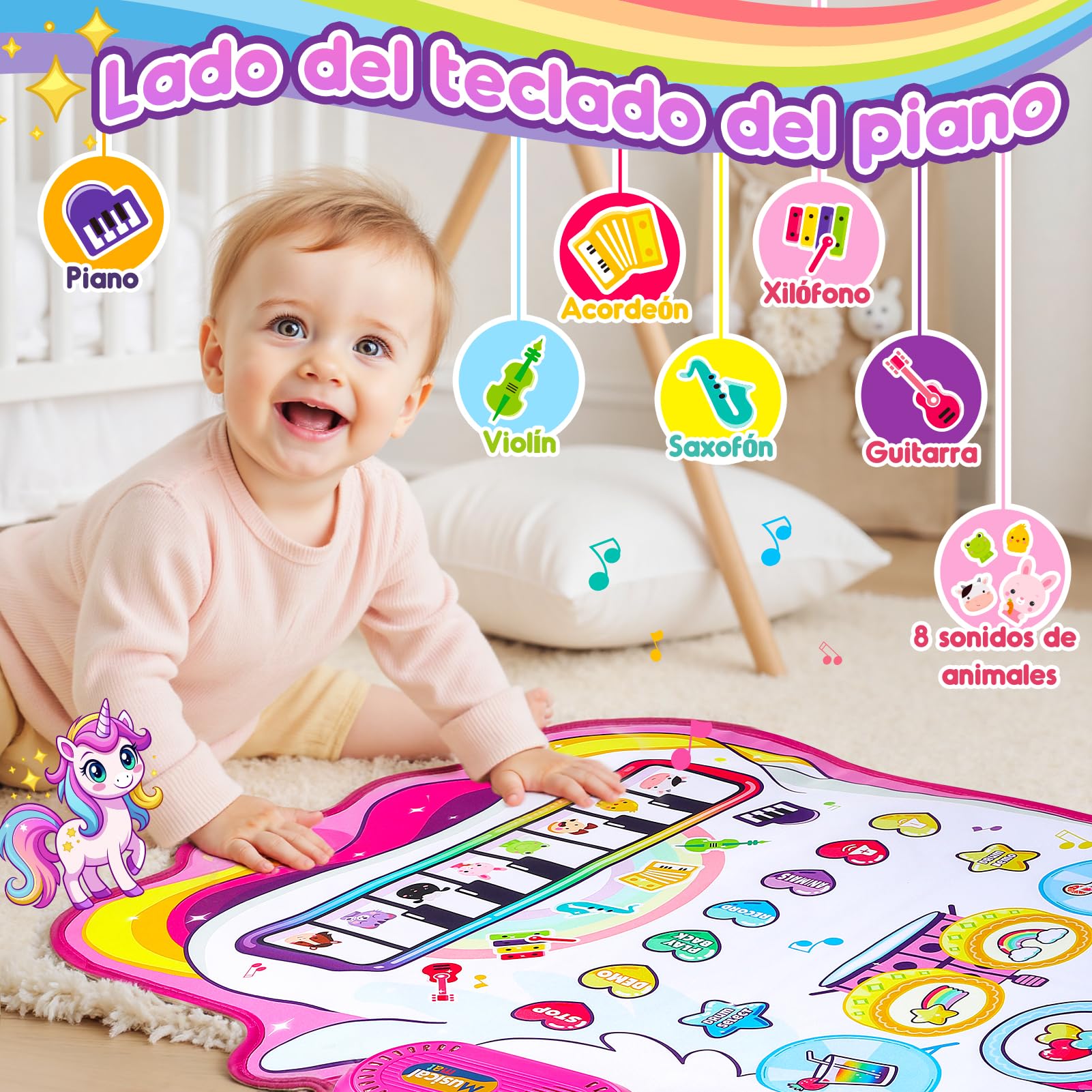 Gralal Unicornio Juguetes Niña 1 Año, Alfombra Musical 3 En 1 con 6 Instrumentos Y Grabación Juguetes Regalo 1 2 Niña Años, Piano Infantil Juegos Juguetes Montessori Educativos Sensoriales Bebe 1 Año