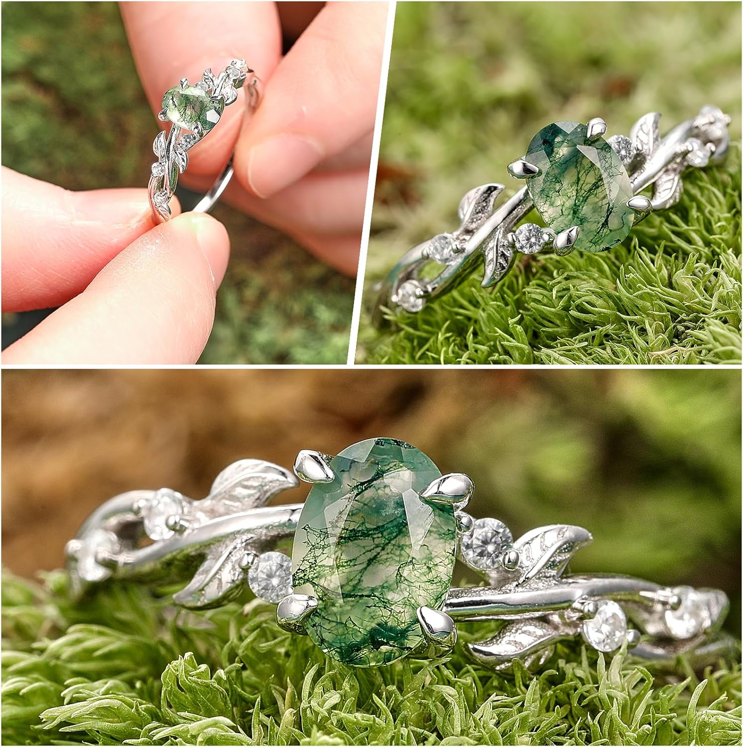 Engagement Rings for Women 925 Sterling Silver Oval Cut Moss Agate/Black Rutilated Quartz/Emerald Gemstone Wedding Rings Promise Ring Size 5-9 - Image 4