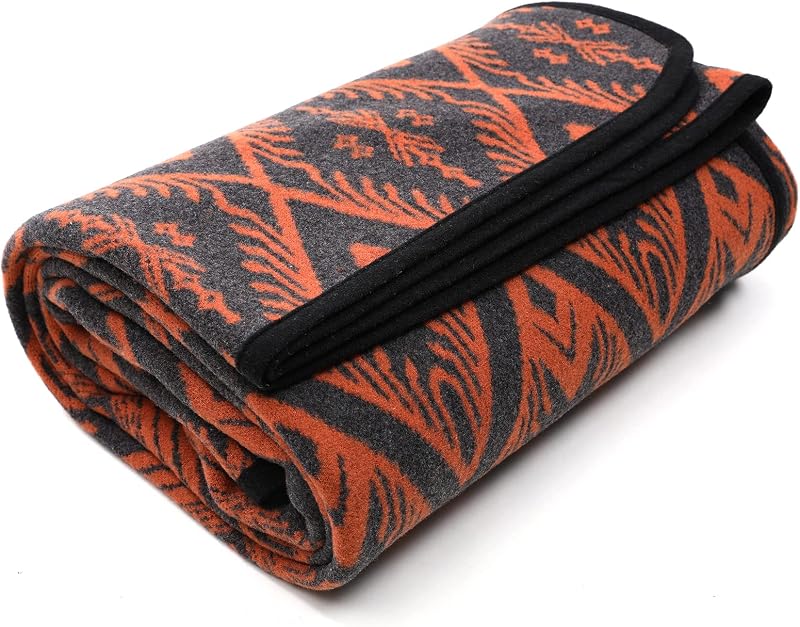 PuTian Manta de lana merino, manta para acampar, 87" x 63", naranja bohemia | Sin olores, duradero con bordes reforzados, uso en múltiples escenas para sofá, cama, viajes y emergencias, lavable a máquina
