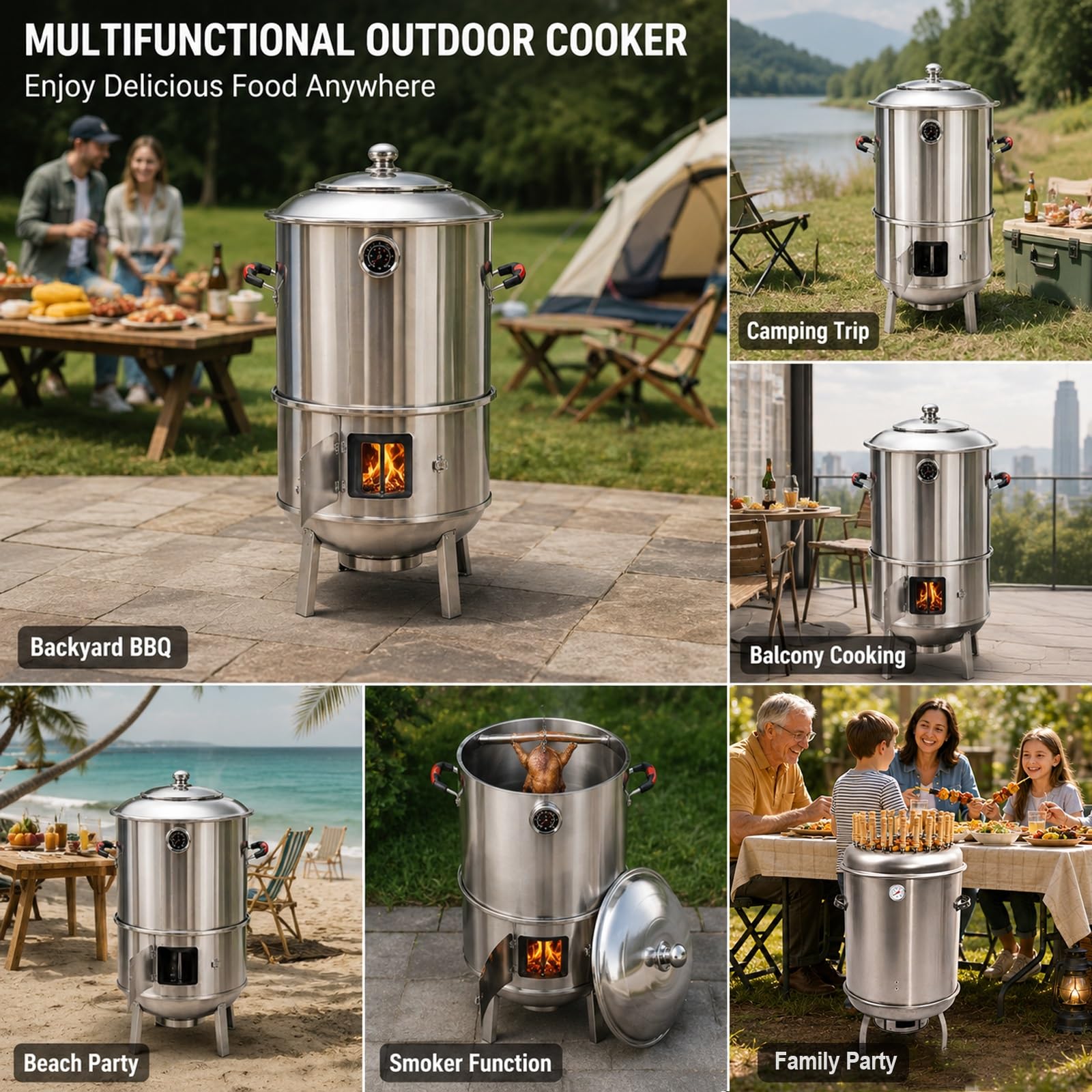Pionowy grill na węgiel drzewny ze stali nierdzewnej, z termometrem, równomierne nagrzewanie 360°, wytrzymały grill na zewnątrz, na podwórko, kemping, tylne drzwi