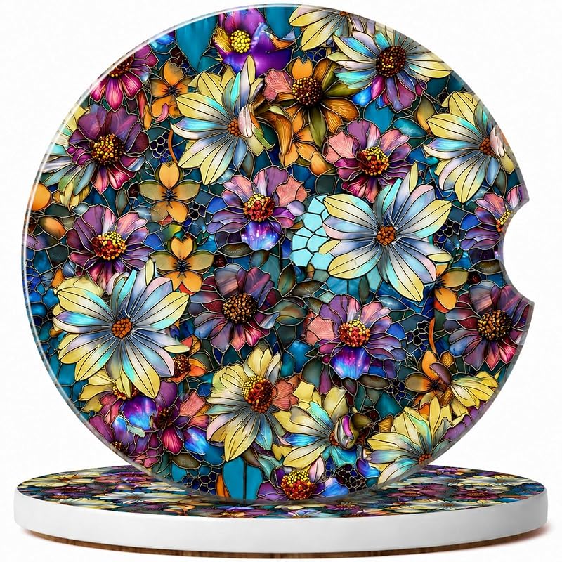 Kit com 2 Bases para Porta-Copos Automotivo em Cerâmica com Absorção, Estampa Floral Roxa Xqnthit