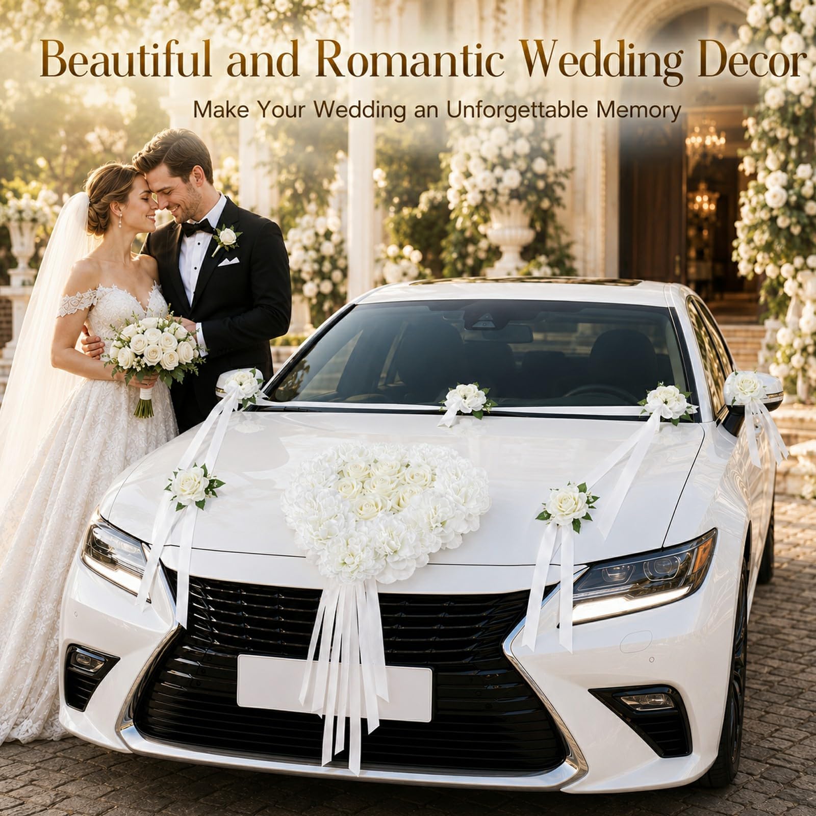 Autoschmuck Hochzeit Motorhaube, Weiß Auto Motorhaube Hochzeitsschmuck Set | Weiß Rosendekoration mit 35 cm Hauptblume, acht 9 cm Blumen mit Saugnäpfen, Tüll für Just Married, Wedding Ceremony