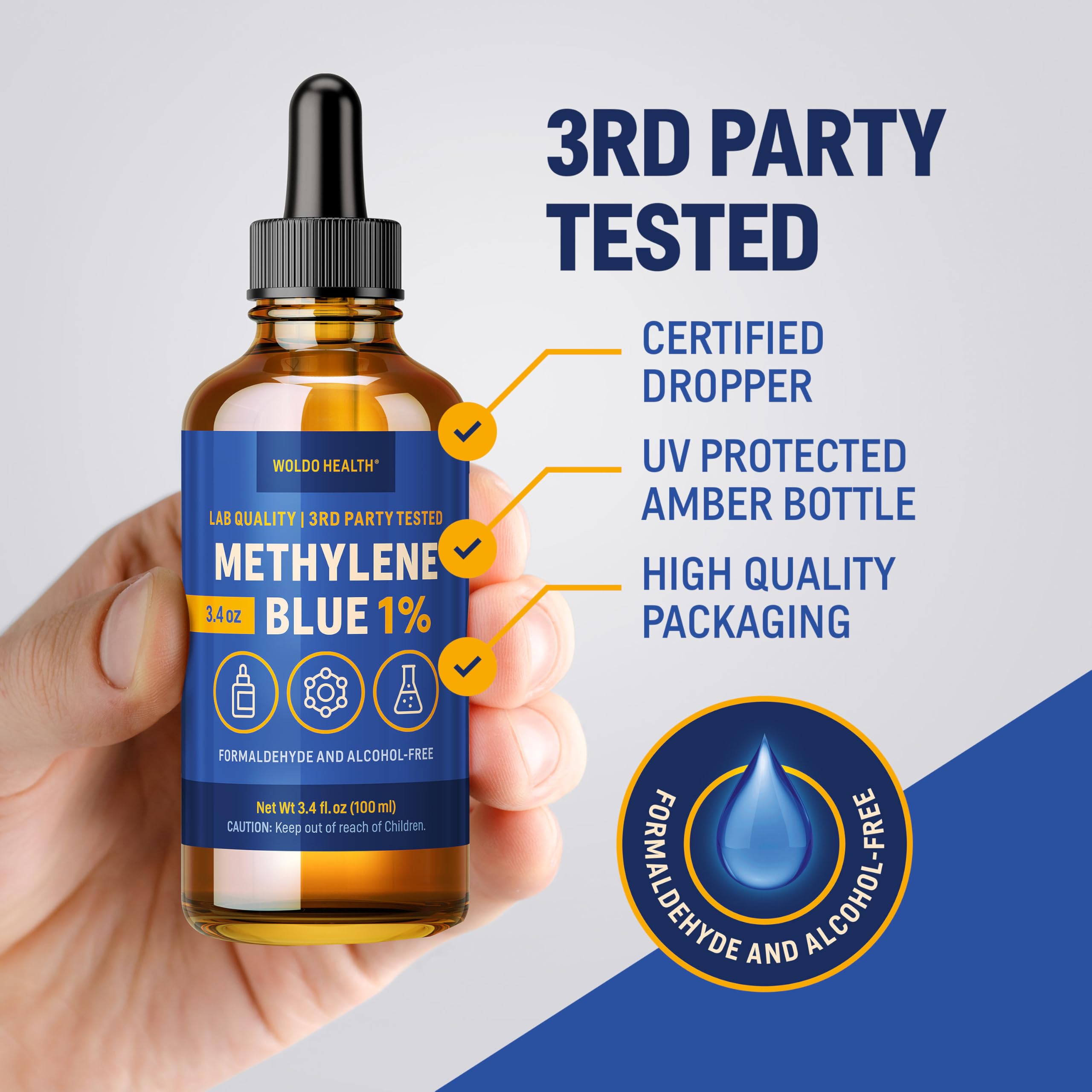 Azul de metileno 1% calidad farmacéutica con pipeta 100 ml - sin formaldehído, sin alcohol, protegido de la luz, pureza de laboratorio.