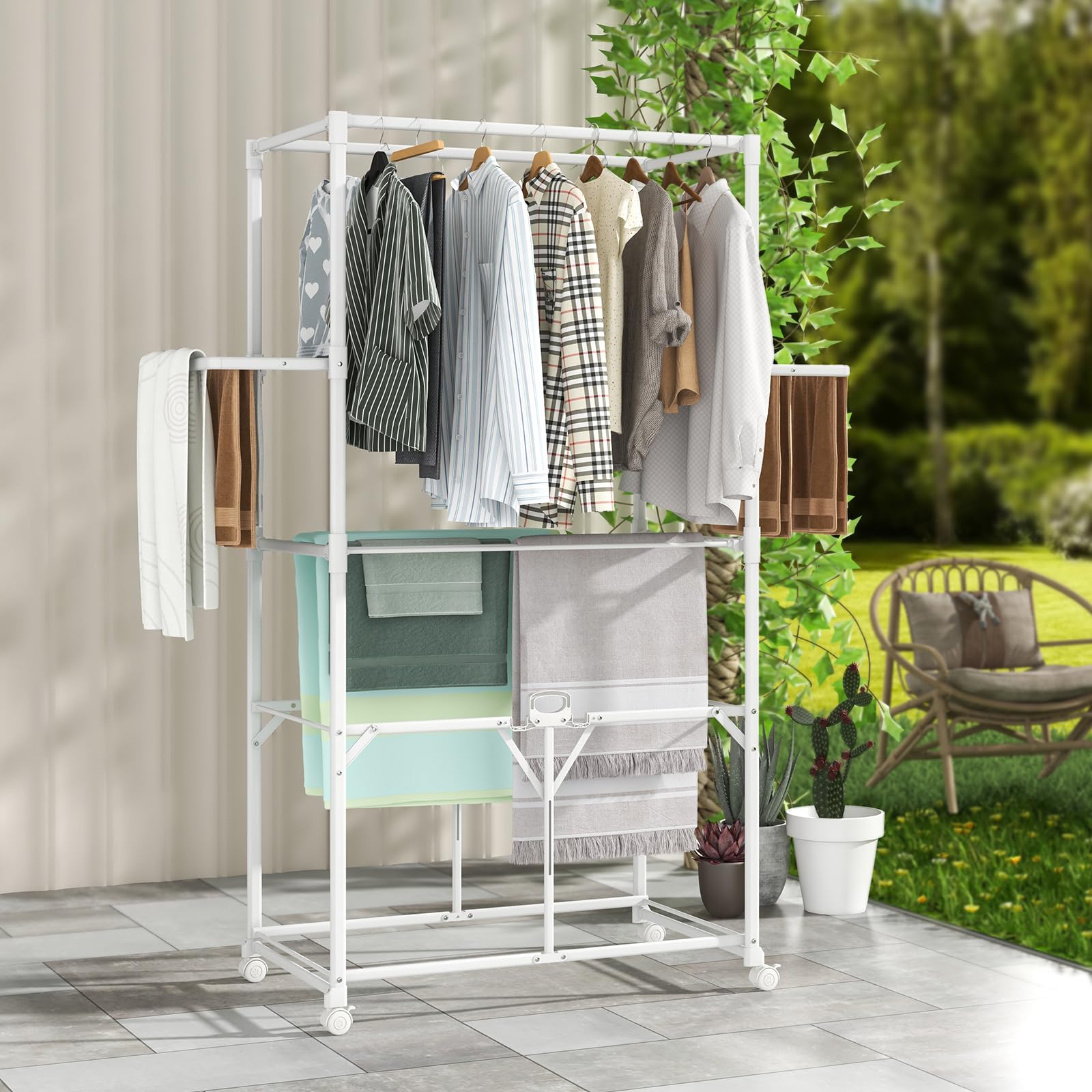 GIANTEX Tendedero Vertical Plegable con Ruedas, Barras para Colgar, 2 Alas Abatibles y Estante Extraíble, Tendedero Portátil para Interior y Exterior, 94 x 49 x 174 cm, Blanco