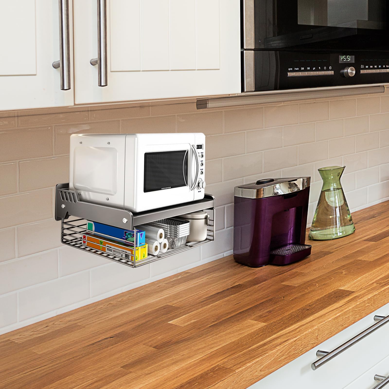 Mensola Microonde, Mensola Due Livelli Microonde da Parete con Cestino di Stoccaggio Supporto a Muro per Forno a Microonde, Ripiani Salvaspazio e Mobile Cucina