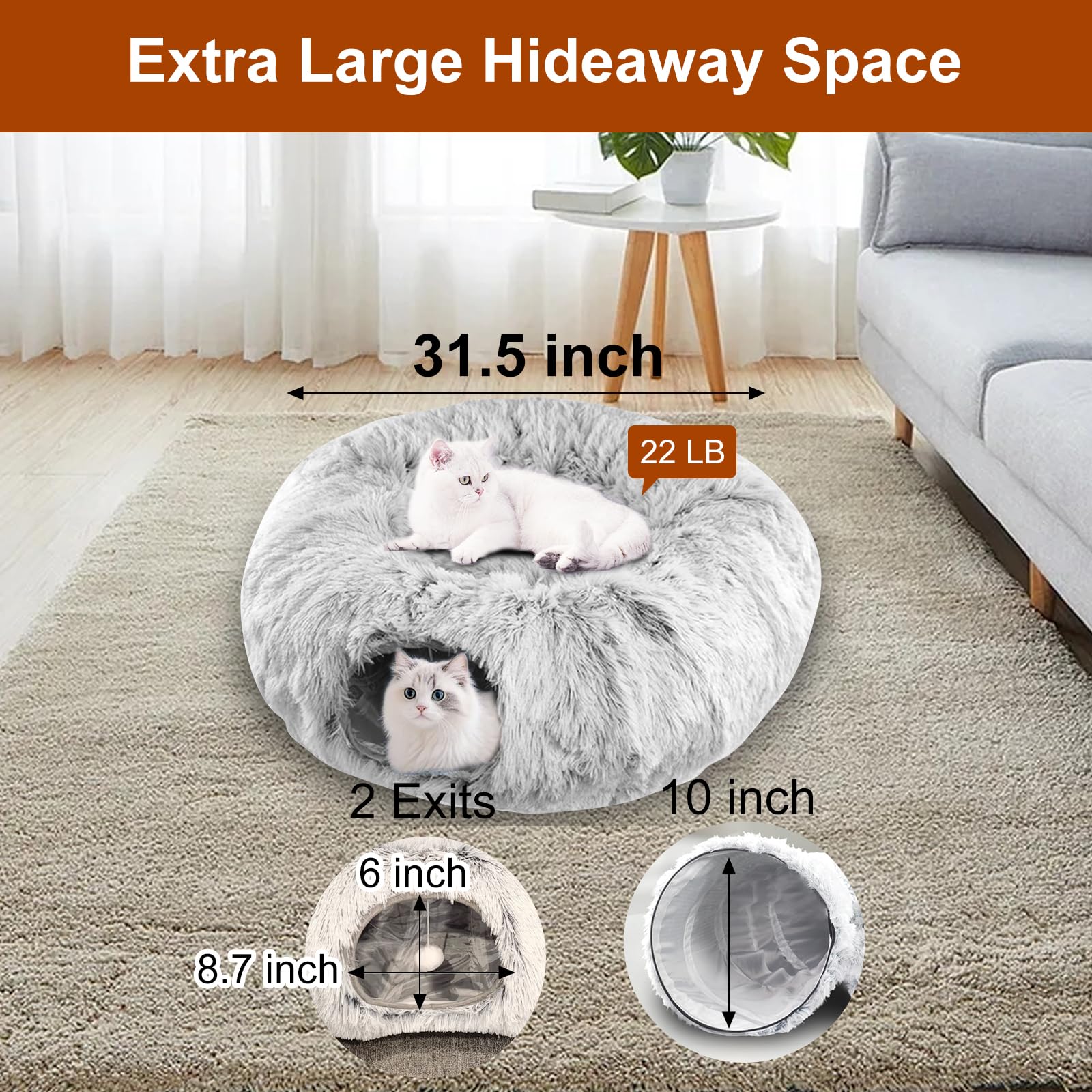 Túnel de felpa suave para gatos con cama de dona, cueva Peekaboo para gatos de interior, gatitos, conejos, hurones, gris