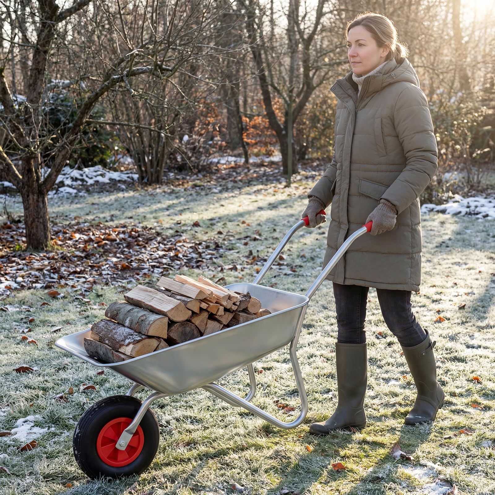 COSTWAY Schubkarre aus verzinktem Metall, 32 cm Gummireifen, Bauschubkarre mit 2 Griffen, Gartenschubkarre bis 136 kg, Schiebkarre Kippwagen Garten, Silber