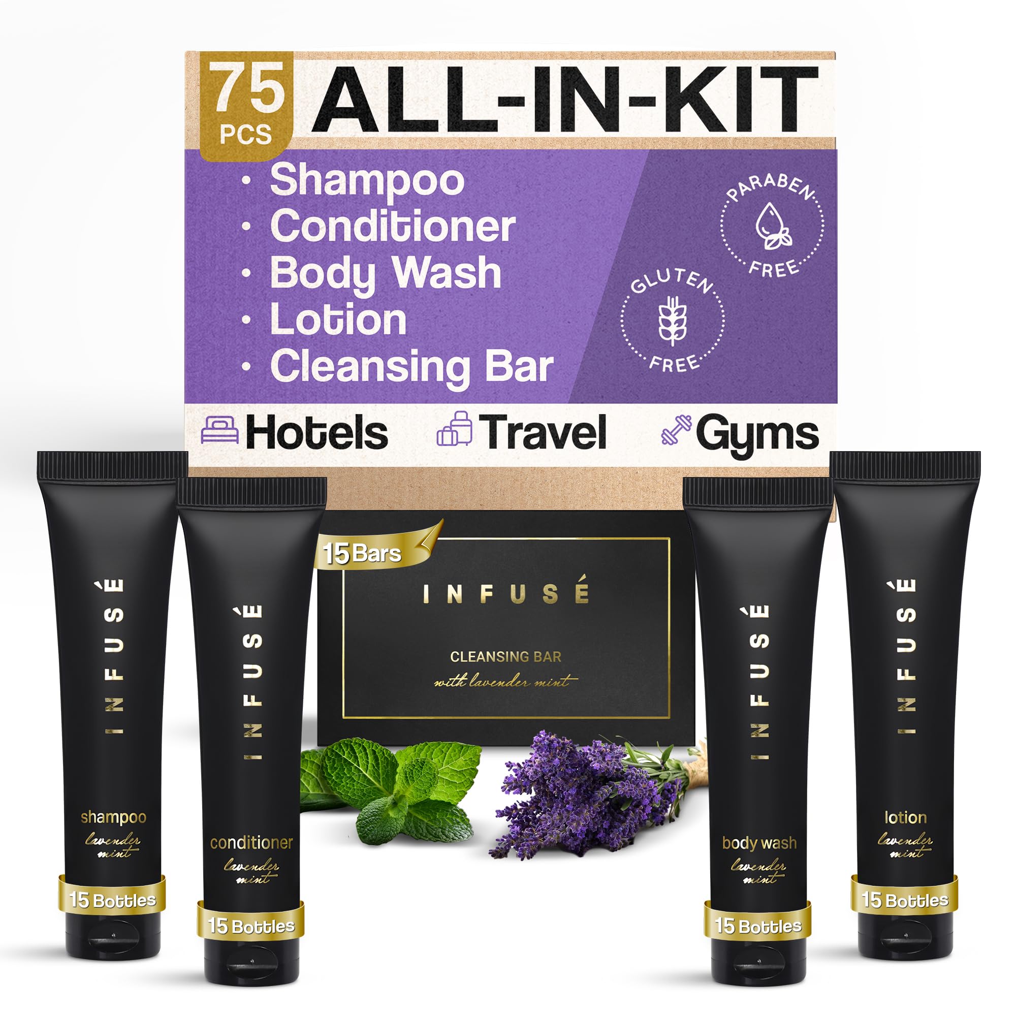 Infuse Black Soaps & Toiletries Bulk Set | 1-Shoppe Amenities Kit for Hotels & Vacation Rentals | 1 oz Shampoo, Conditioner, Body Wash, Lotion, 1.25 oz Cleansing Bar | 75 Pieces