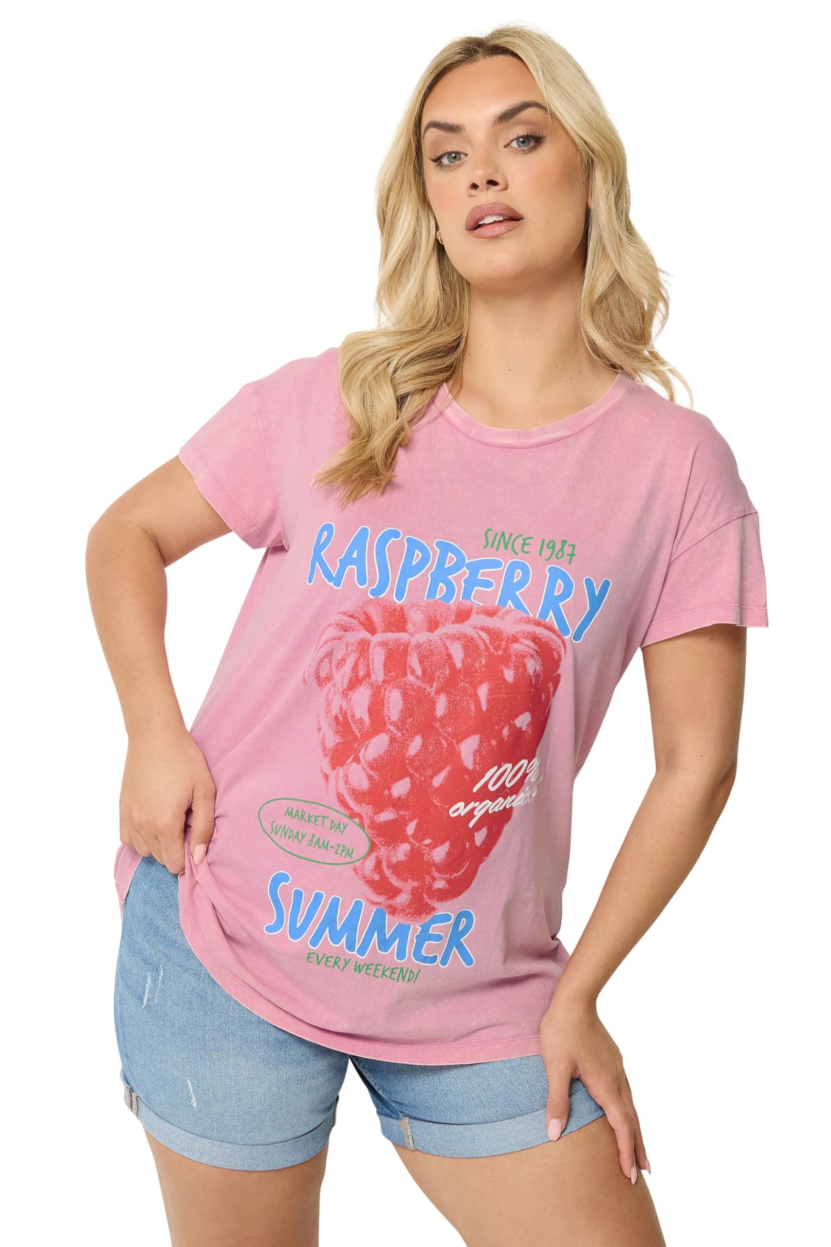 Yours Curve Acid Wash 'Raspberry Summer' T-Shirt - Women's - Plus Size Curve
