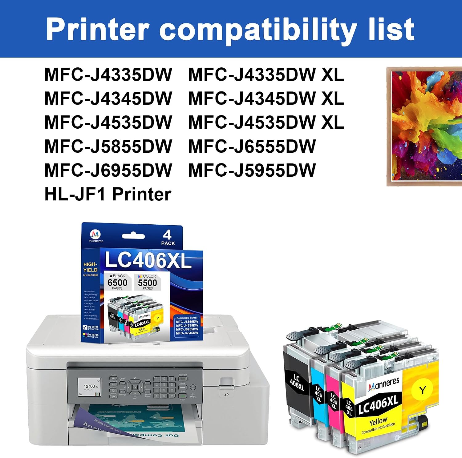 LC406XL Ink Cartridges High Yield Compatible for Brother MFC-J4335DW MFC-J4535DW MFC-J5855DW MFC-J6555DW MFC-J6955DW Printer (Black, Cyan, Magenta, Yellow, 4 Pack)