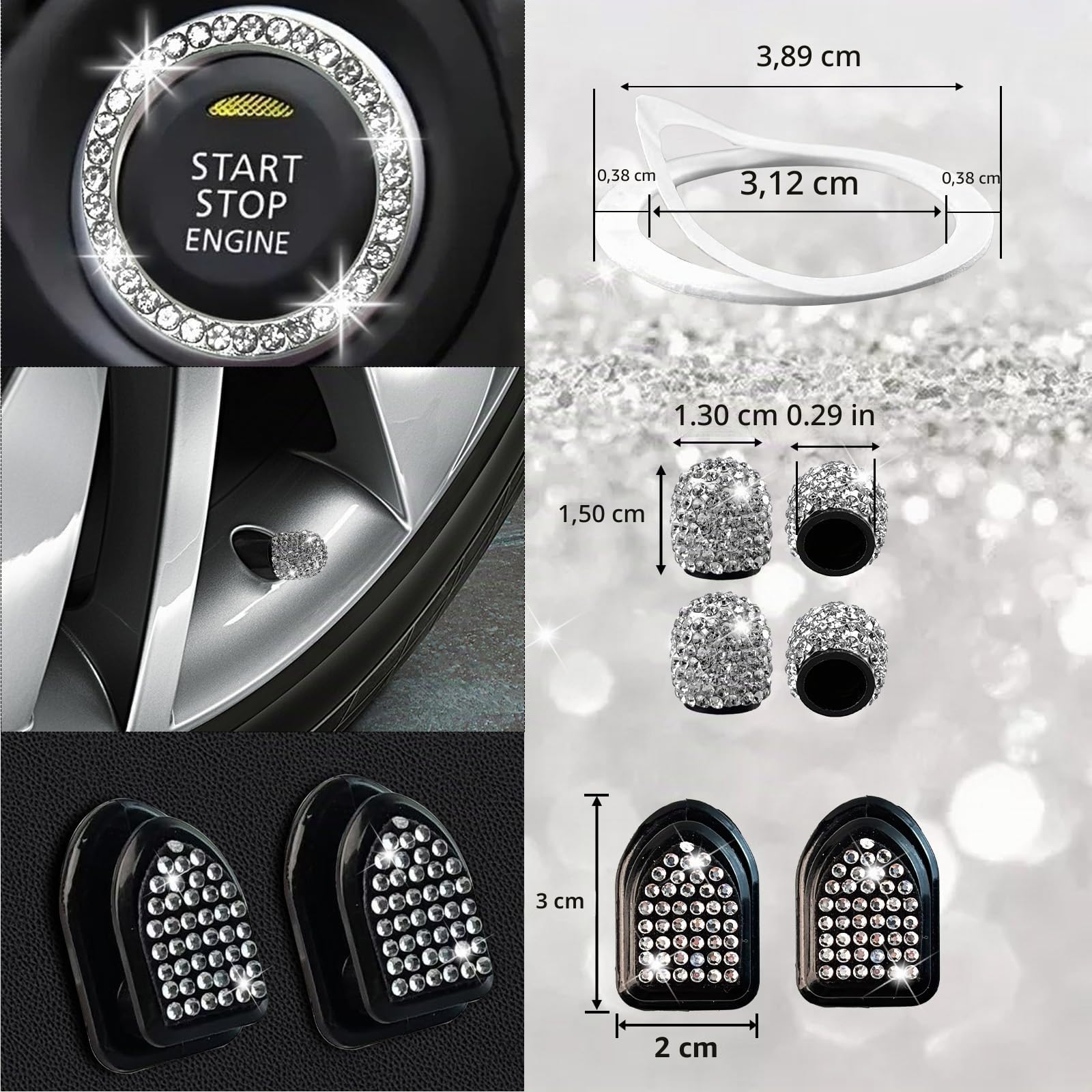 NBTEPEM 27-teiliges Bling Autozubehör-Set für Frauen, Lenkradabdeckungen Universal Fit 15 Zoll, Nummernschildrahmen, Handyhalter, Bling Auto-Untersetzer (Silber Diamant)