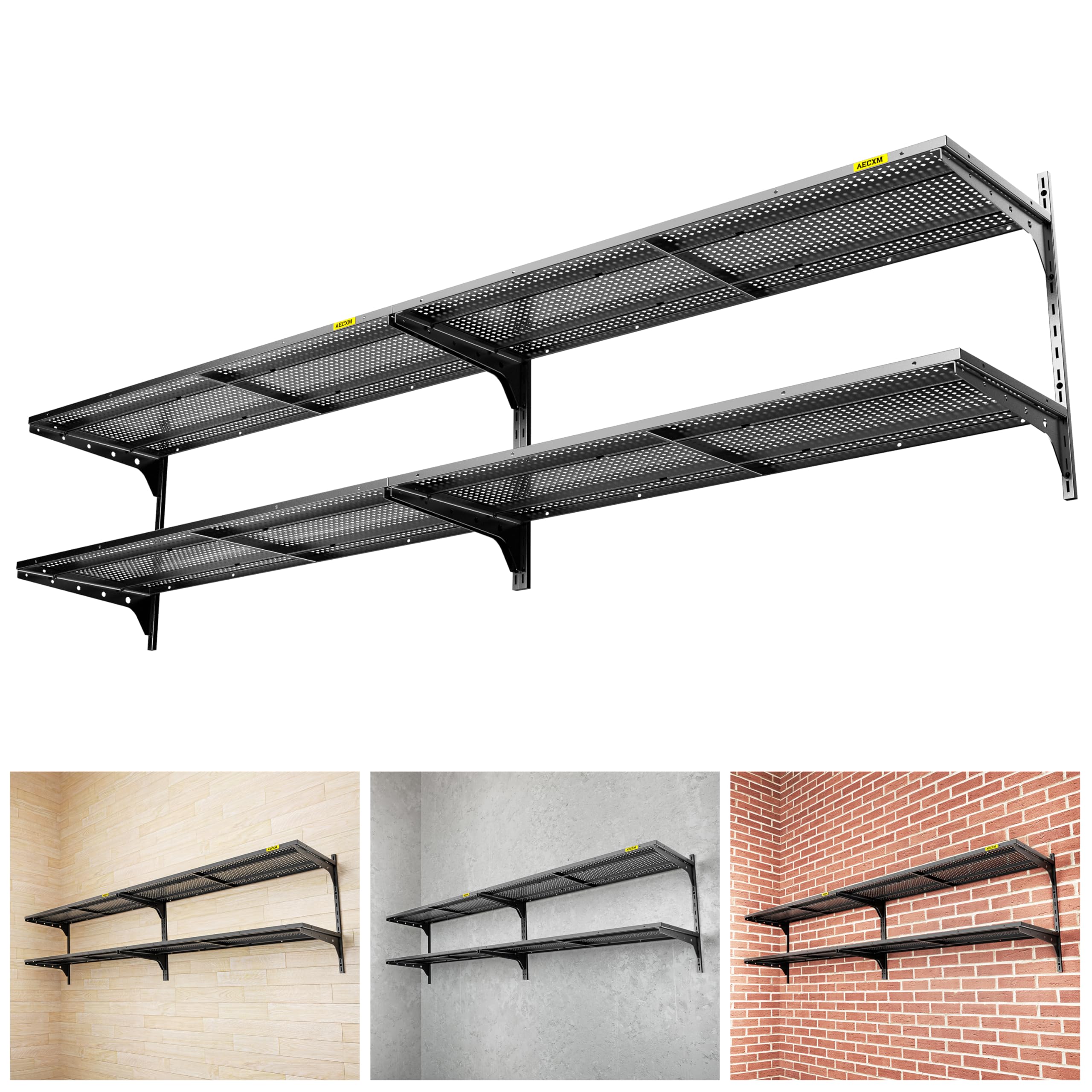 Aecxm 2-Pack 2 Tier 1.3x4ft Garage Shelving Wall Mounted, 520lbs Load Capacity，15.6x48inch per Shelf Height Cassette Adjustable Floating Shelves,