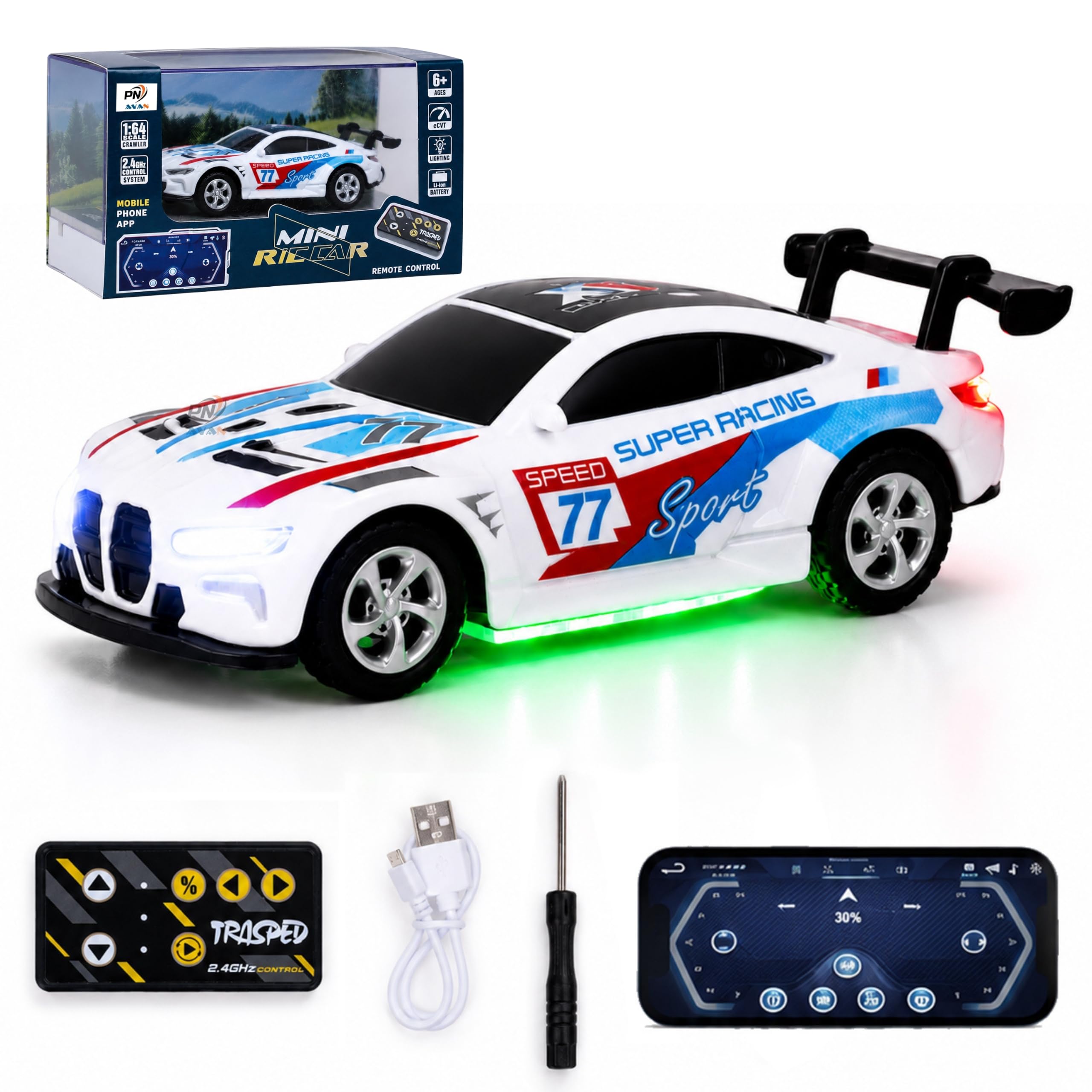 Mini RC Car for Kids with App & Remote Control, 1:64 Alloy Racing Car, Bluetooth Smart Control, 2.4GHz Remote, LED Lights, 3 Speed Modes, USB Type-C Rechargeable-image-0