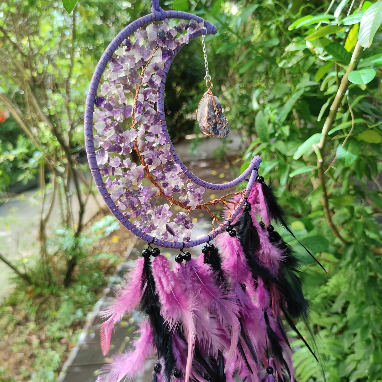 Donko Purple and Black Large Moon Dream Catcher Tree of Life Dream Catchers with Stone Pendant Handmade Feather Dreamcatcher Wall Hanging Ornament for Bedroom Living Room Home Decor - Image 3