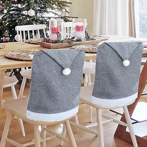 CHOTONIC Paquete de 4 fundas para sillas de Navidad con sombrero de Papá Noel, no tejidas con sombrero gris, fundas para sillas de comedor, fundas