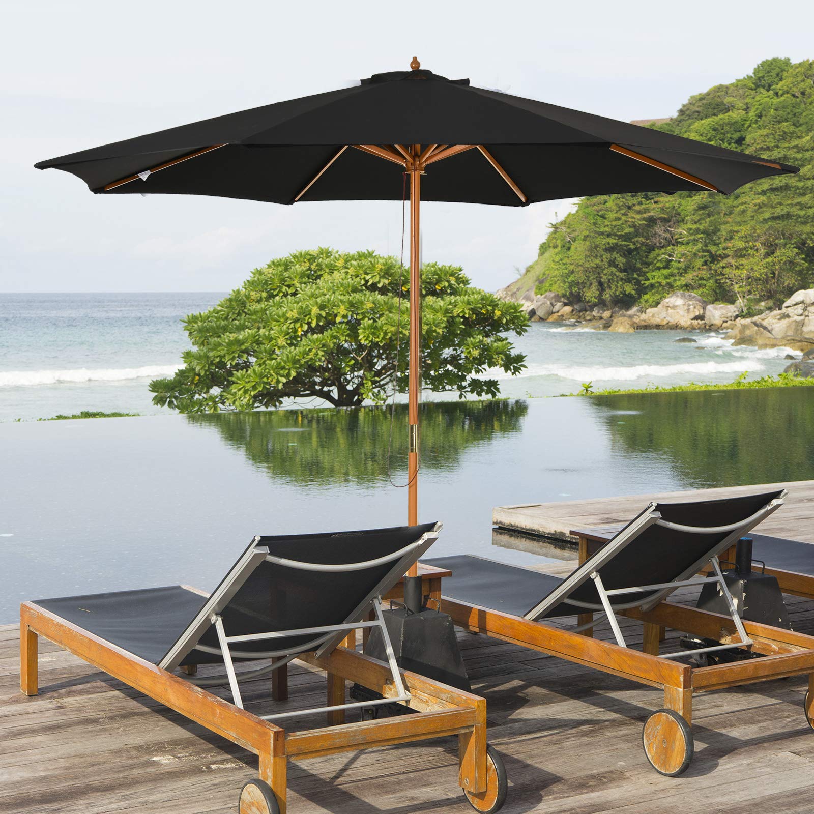 Outsunny Sombrilla Terraza Exterior Ø300 cm con Sistema de Polea | Sombrilla de Jardín, Techo Ventilado, Poste Desmontable de Madera, Parasol para Patio Terraza