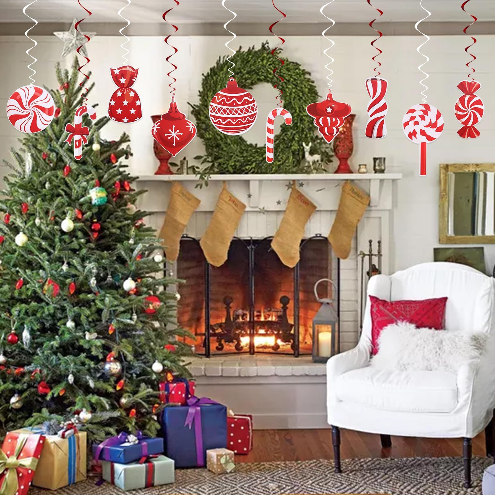 YUDAEE 26Pcs Christmas Hanging Swirl Decorations - Xmas Tree Ceiling Decor for Holiday Party, Red - Image 3