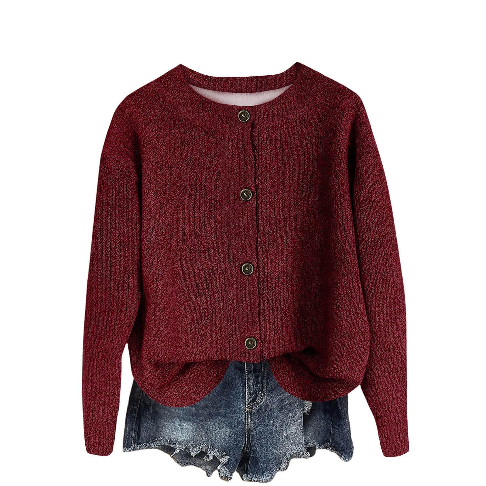 Womens Cardigan Sweaters Button Down Long Sleeve Round Neck Open Front Tops Loose Fall Winter Solid Color Outwear