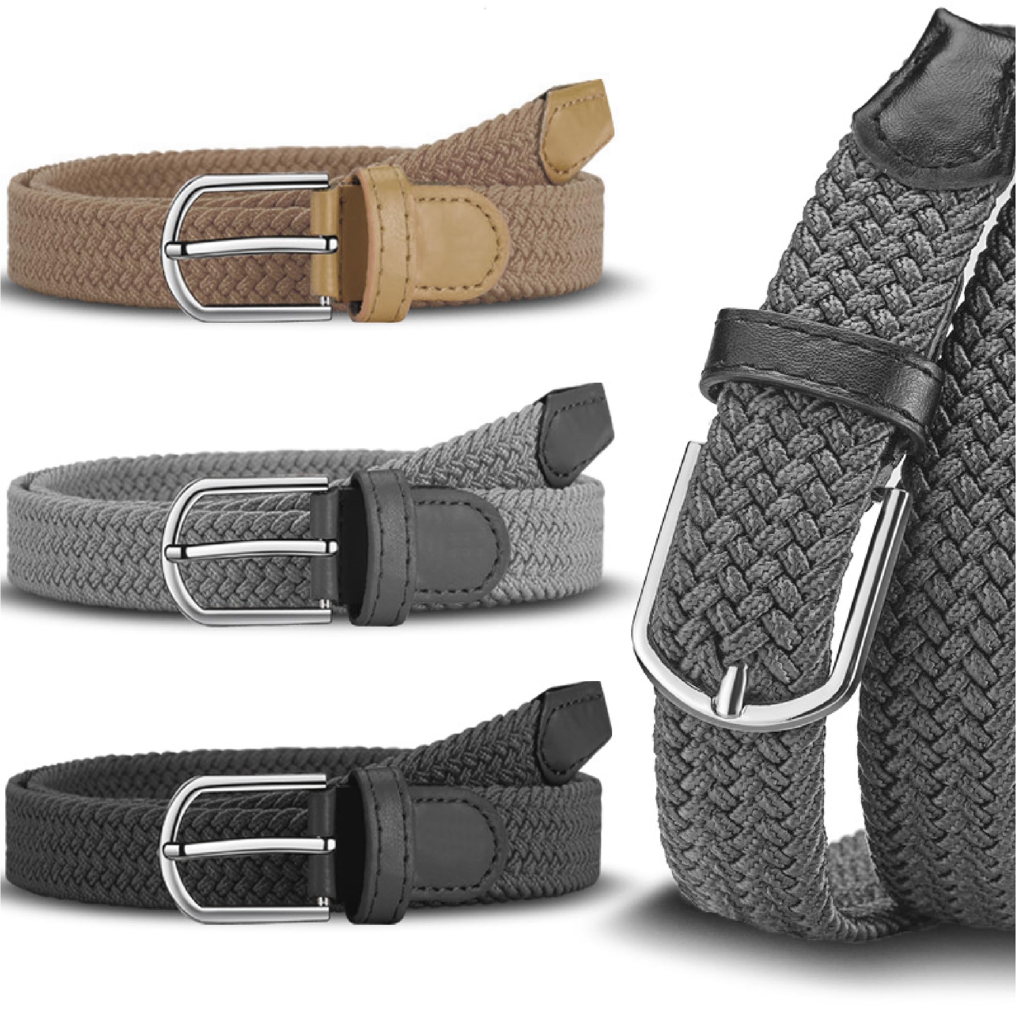 LeMeeOly Canvas Elastic Fabric Belt Woven Stretch Multicolored Braided Belts (Dark grey, Medium)