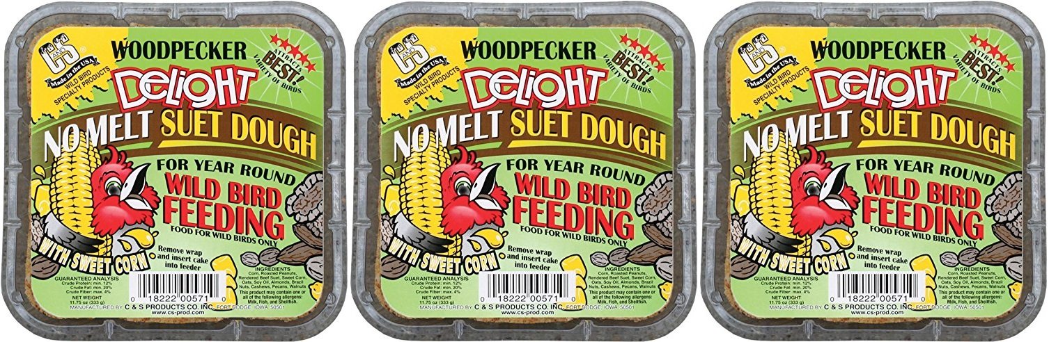 C&S Woodpecker Delight No Melt Suet Dough, 11.75 Ounces Each, for Year Round Wild Bird Feeding (3)