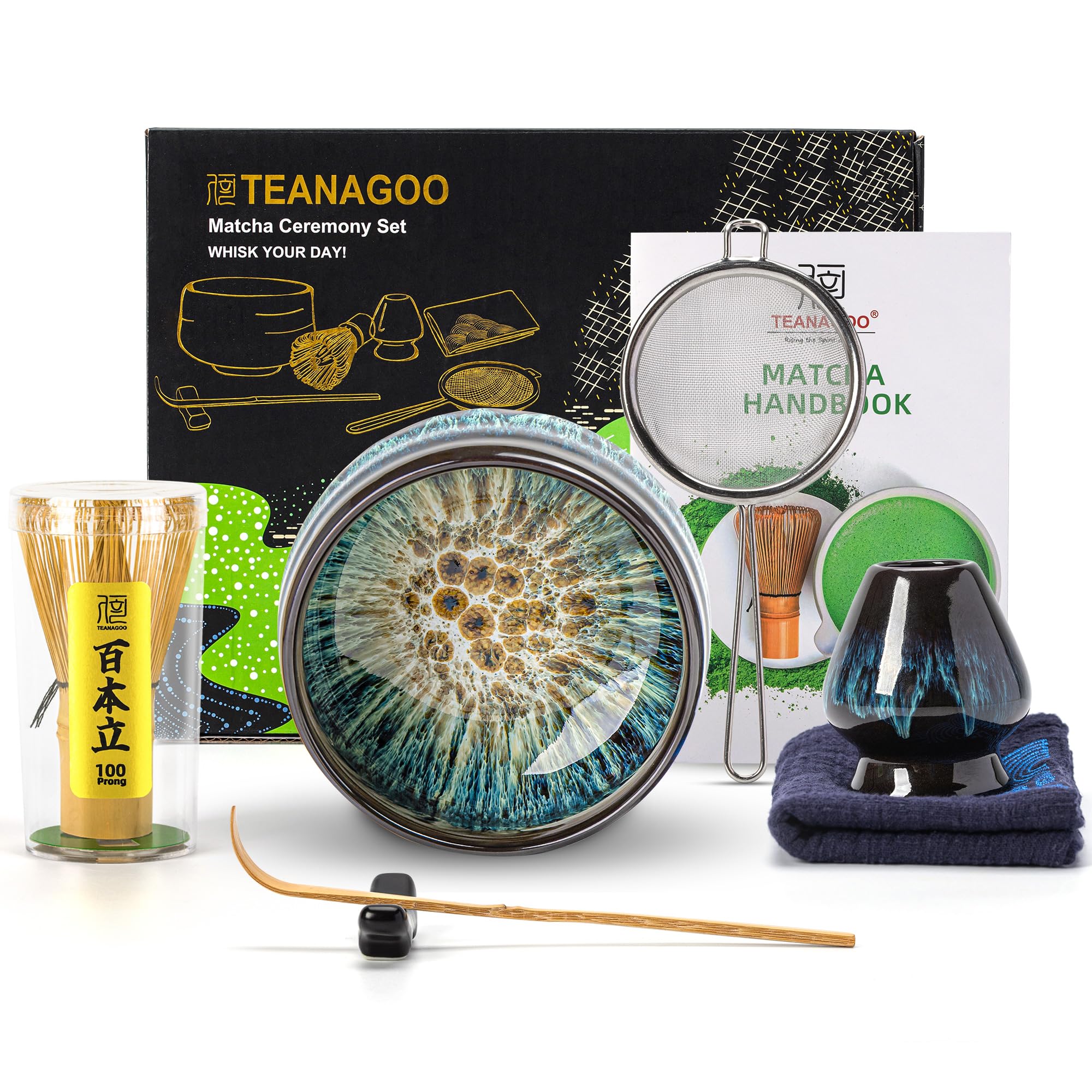 TEANAGOO Matcha Whisk Set, 7 Pcs Matcha Set with Holder/Scoop/Sifter, Matcha Kit for Ceremony, Tradition Tea Set for Making Breakfast/Latte, Matcha Whisk Set and Ceramic Bowl, Gift for Friend/Family