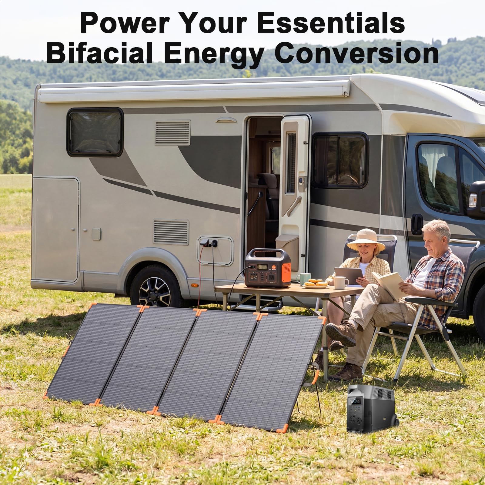 Pannello solare bifacciale portatile da 400 W, caricatore solare pieghevole leggero da 33 V per centrale elettrica, impermeabile IP68, 23,5% ad alta efficienza, con cavalletto regolabile, per