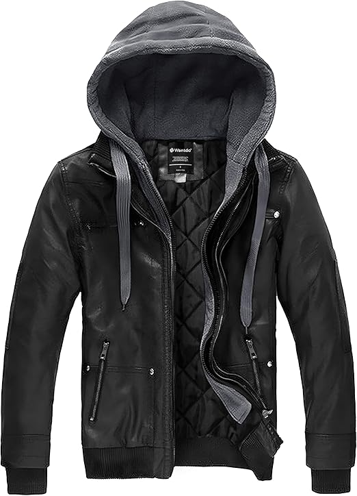 wantdo Men's Faux Leather Jacket with Removable Hood Motorcycle Jacket Casual Warm Winter Coat