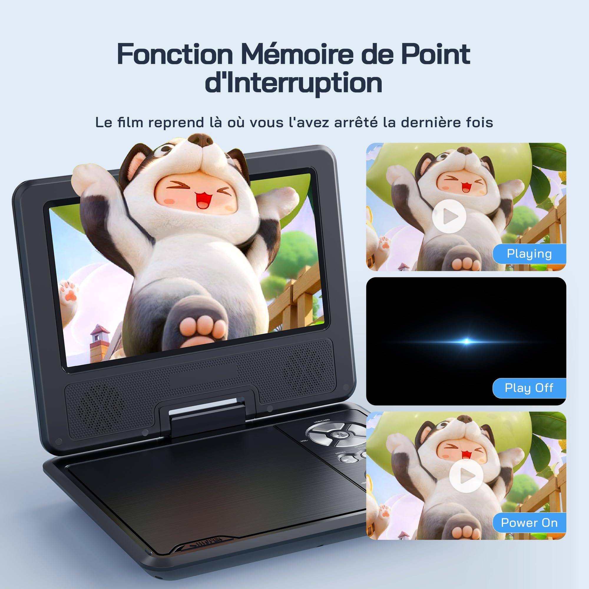 WOLFANG Lecteur DVD Portable Enfants 9,5" Écran Pivotant HD 6 Heures Autonomie USB/SD