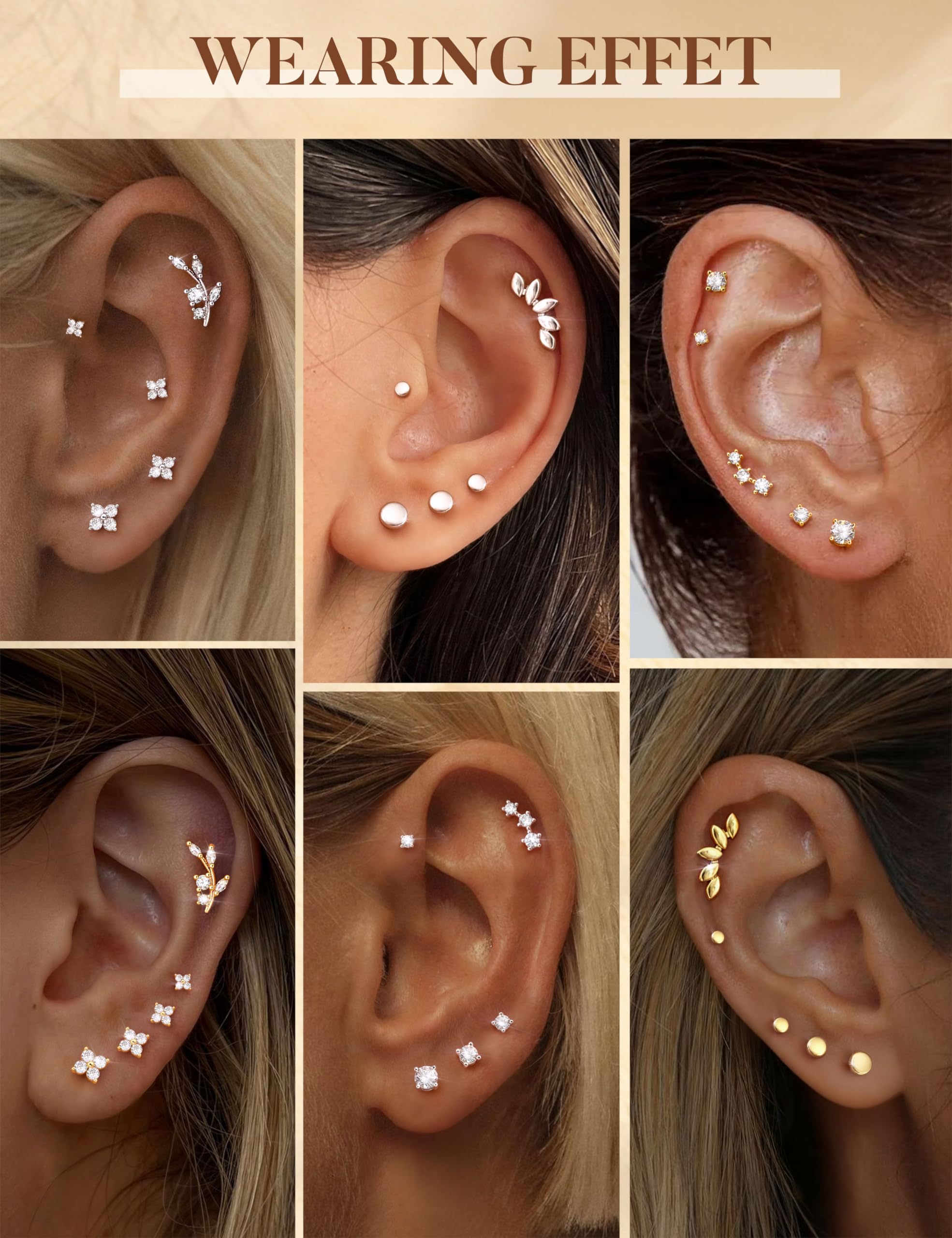 YADOCA 5 Paires Boucles d'Oreilles Femme, Boucles d'Oreilles Argent 925 | Hypoallergéniques Boucles d'Oreilles Or 14K Petit Fleur CZ, Piercing Oreille Cartilage Tragus Helix Piercing