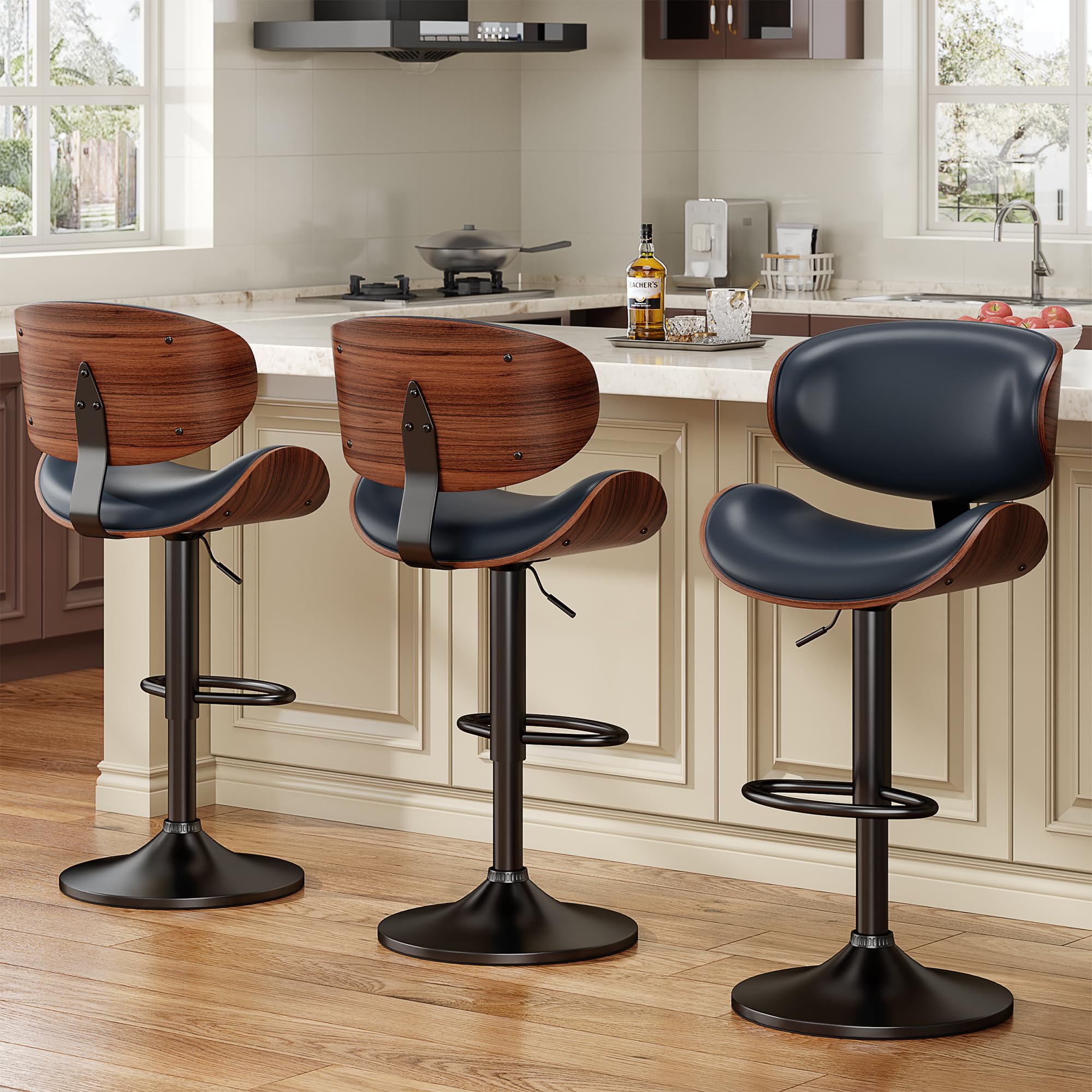 YaFiti Bar Stools Set of 3, Bentwood Adjustable Height Swivel Bar Stools, PU Leather Upholstered Bar Chair with Back and Footrest for Bar, Kitchen,