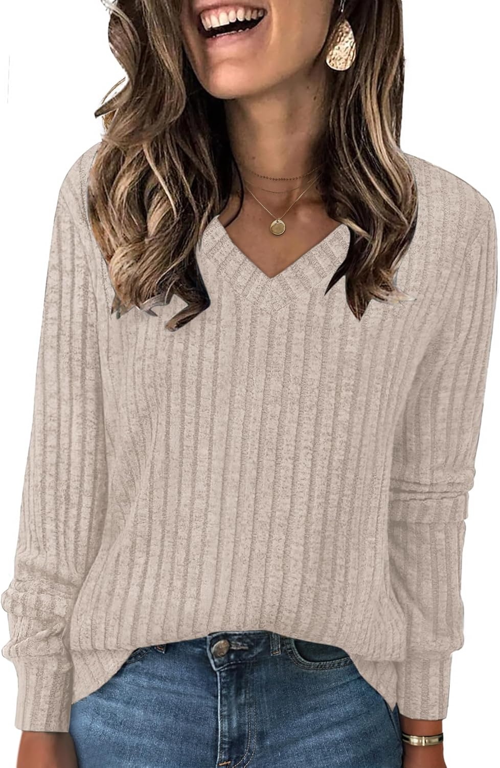 NORACORA V Neck Long Sleeve Shirts for Women Casual Fall Fashiion Tops Lightweight Tunic Sweaters Trendy 2025 Apricot Large