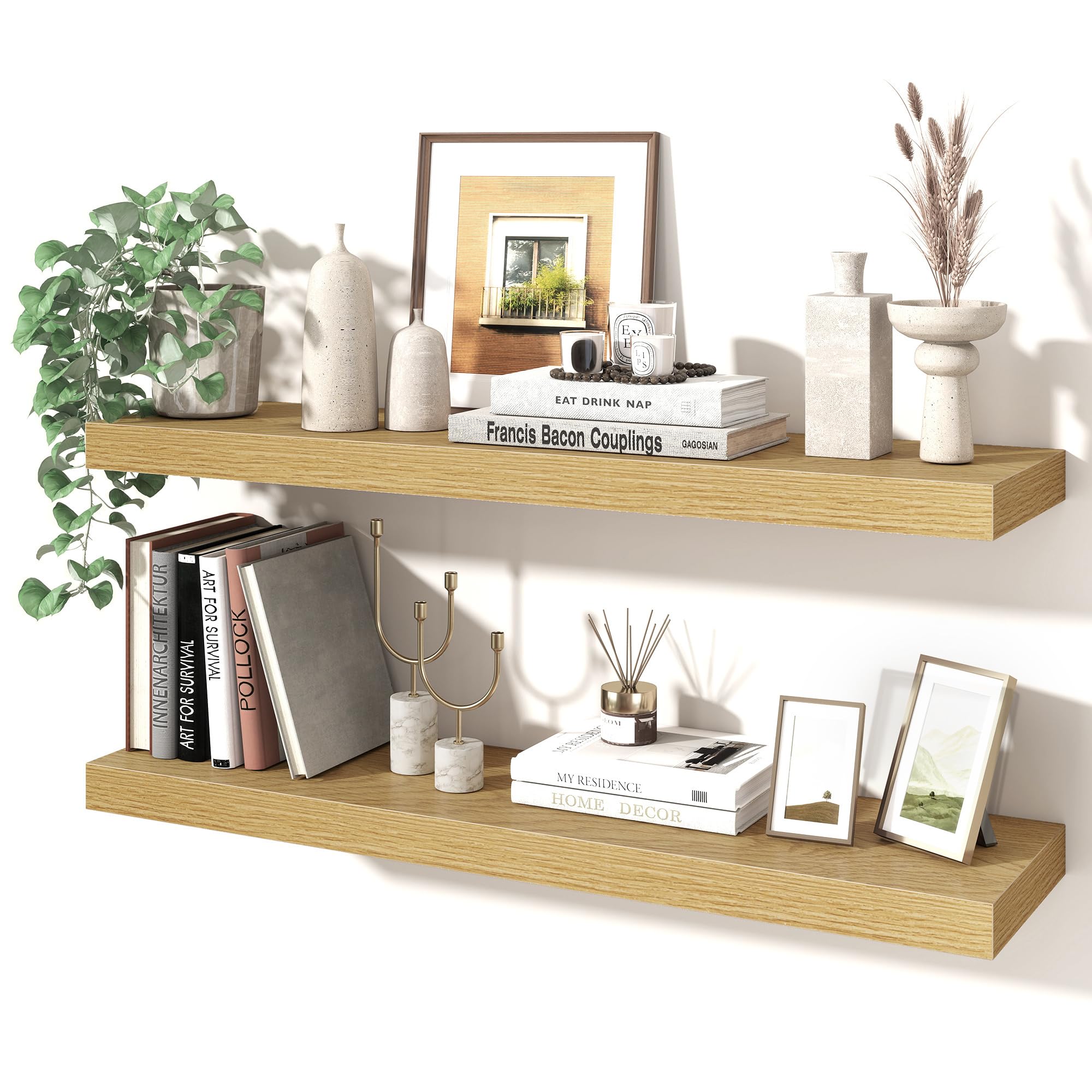 Axeman 80cm Floating Shelves for Wall 2 Pack Shelves for Bedroom|Kitchen|Bathroom Wall Mounted Rustic Wood Floating Shelf with Invisible Brackets for Books|Storage|Decor, Oak, 20cm Deep