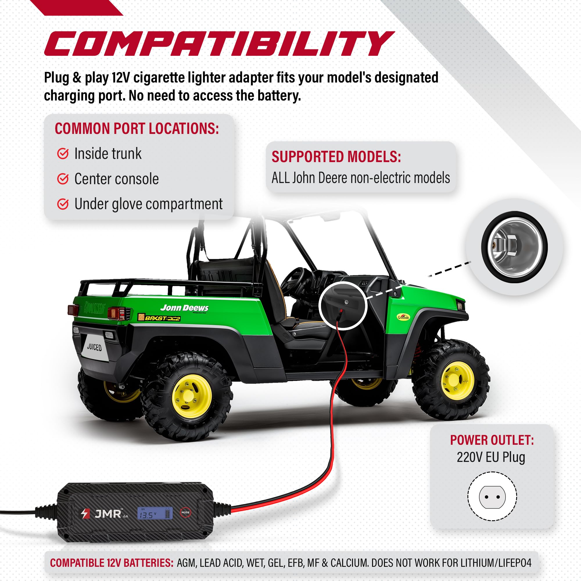JMR Battery Charger for John Deere Gator Buck DB120 Timberjack All Models Trickle Charger Conditioner Maintainer (No Lithium Mode)