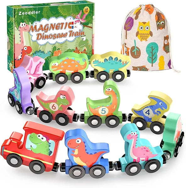 Zeoddler Toys for Toddlers, 11 Magnetic Wooden Dinosaur Train Set, Montessori Toys for Toddlers, Preschool Educational Material for Kids, Birthday Gifts for Boys, Girls