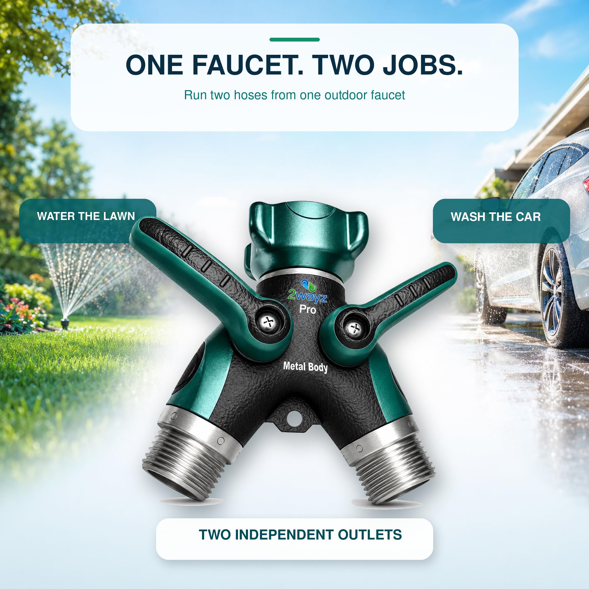 2 Way Hose Splitter - Durable Outdoor Faucet Adapter -2