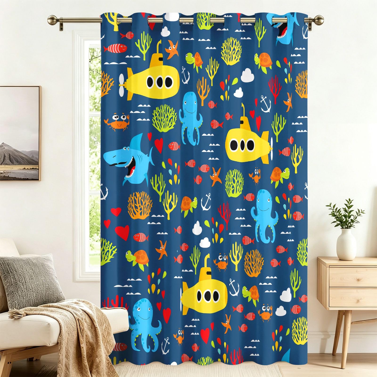 Fadaing Cartoon Submarine Curtains with Eyelets, 1 Piece, Room Divider Curtains, Blackout, 220 x 140 cm, Darkening Thermal Curtains, Heat Insulating, Winter, Summer, Thermal Protection, Indoor Sun