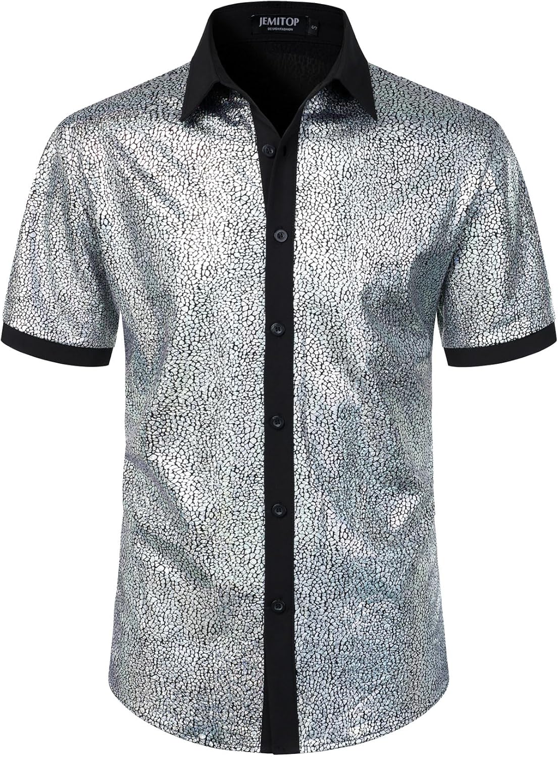 JEMITOP Men's Shiny Metallic Sequin Stretchy Short Sleeve Button Down Shirts for 70s Disco Party Halloween
