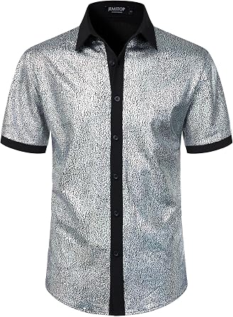 JEMITOP Mens Shiny Metallic Sequin 70s Disco Party Shirt | Stretchy, Halloween, Costume, Short Sleeve, Button Down