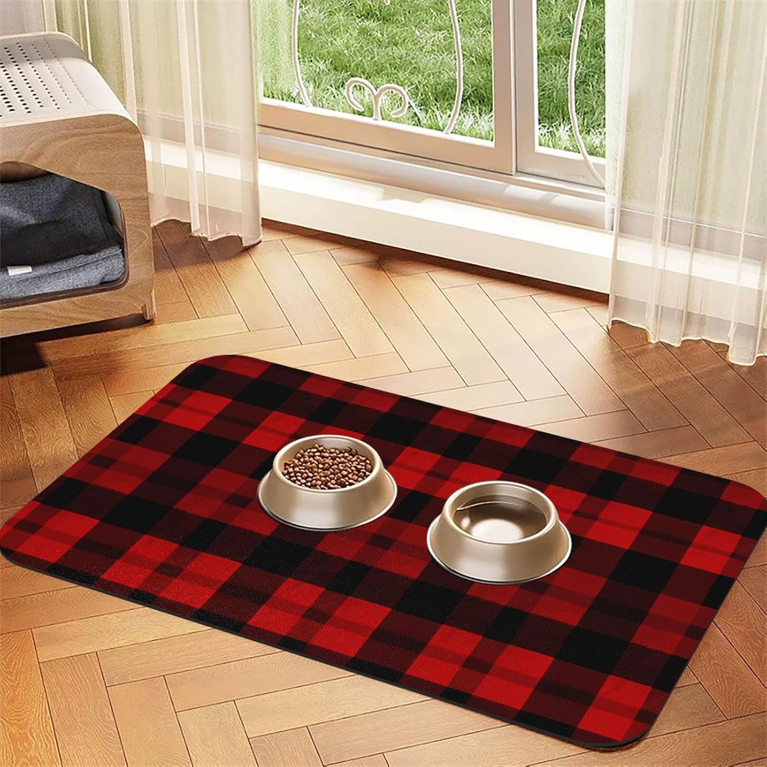 Plaid Red and Black Dog Food Mats for Floors, 12x18 Inch Non-Slip Super Absorbent Pet Food Mat, Dishwasher Dog Mat for Food and Water, Cute Rubber Quick Dry Pet Feeding Mat for Dogs Puppy Cats