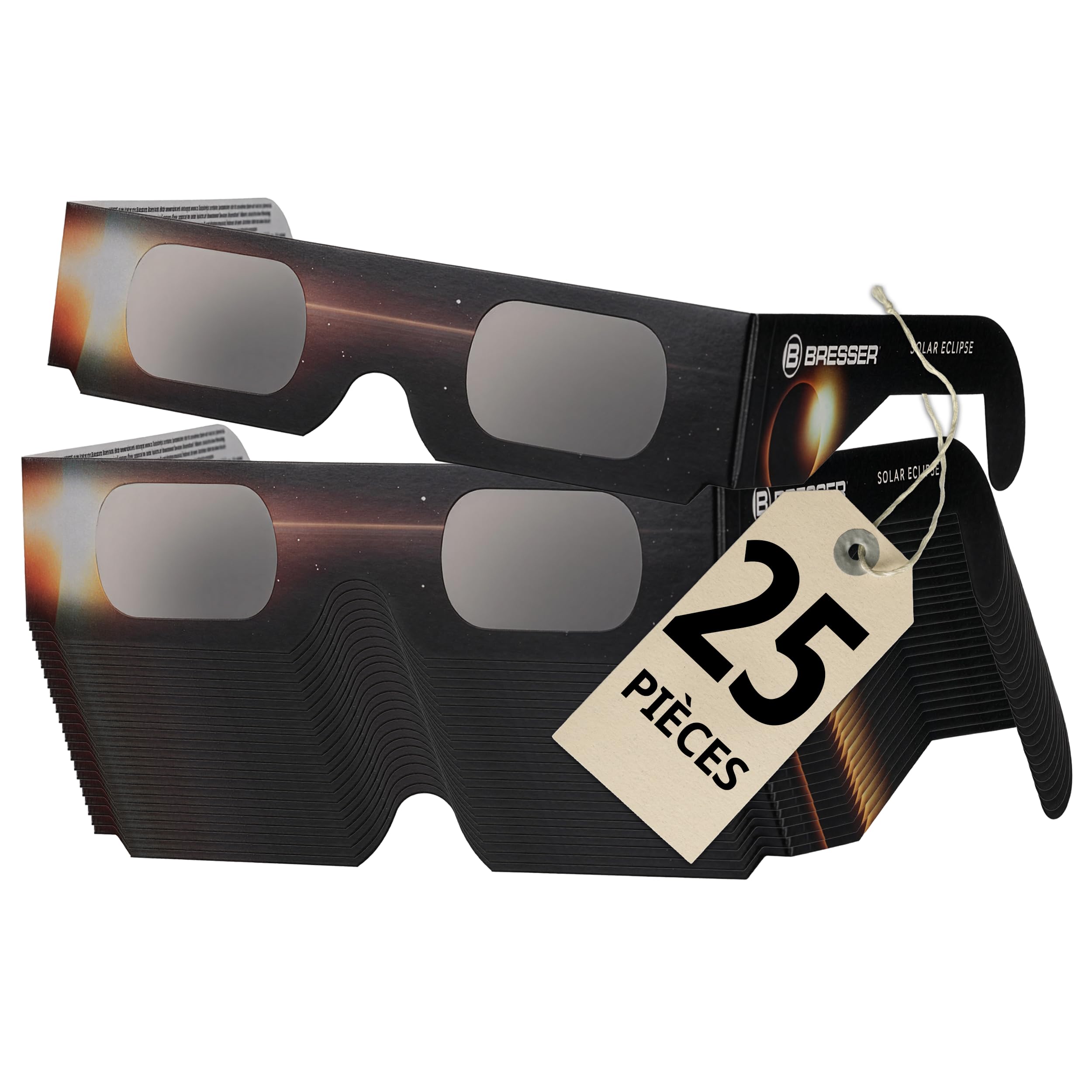 BRESSER Lunettes Éclipse Solaire 25 Pièces, Observation Sûre du Soleil, EN ISO 12312 2:2015, Image Jaune Clair, Design B