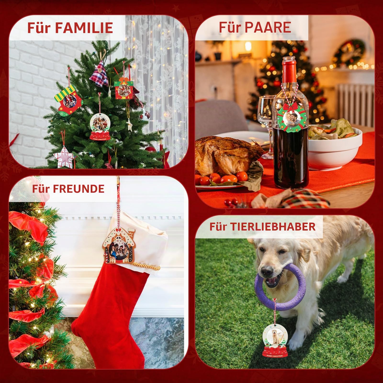 Fertig Bemalter Foto Weihnachtsschmuck aus Holz - 12 Verschiedene Farbige Christbaumschmuck Anhänger mit Bild für Familie, Paare, Haustiere - Personalisierte Weihnachtsdeko