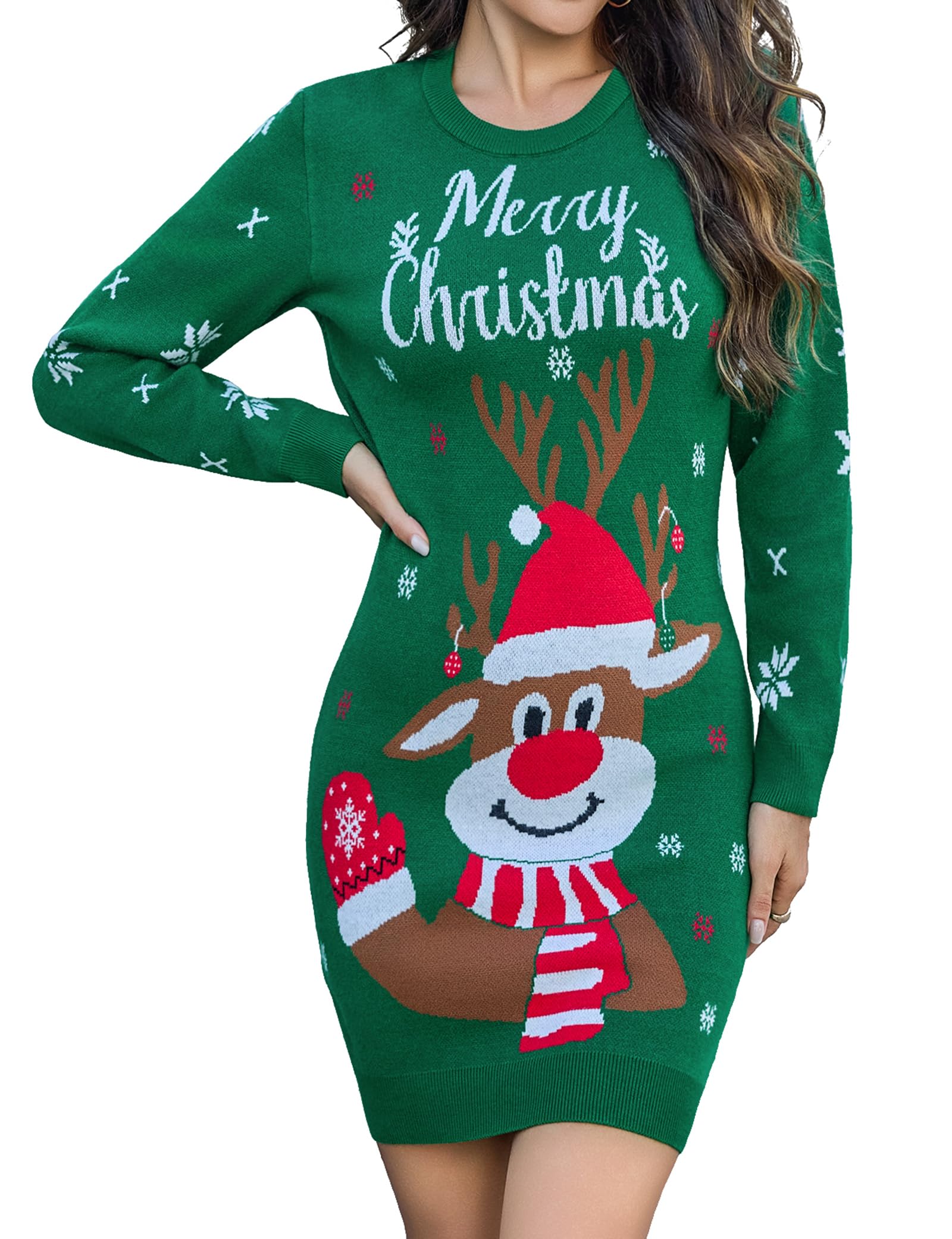 Gyabnw Vestito Maglione Natalizio Donna con Renna | Girocollo, maniche lunghe, linea aderente, per feste, Natale e look invernali