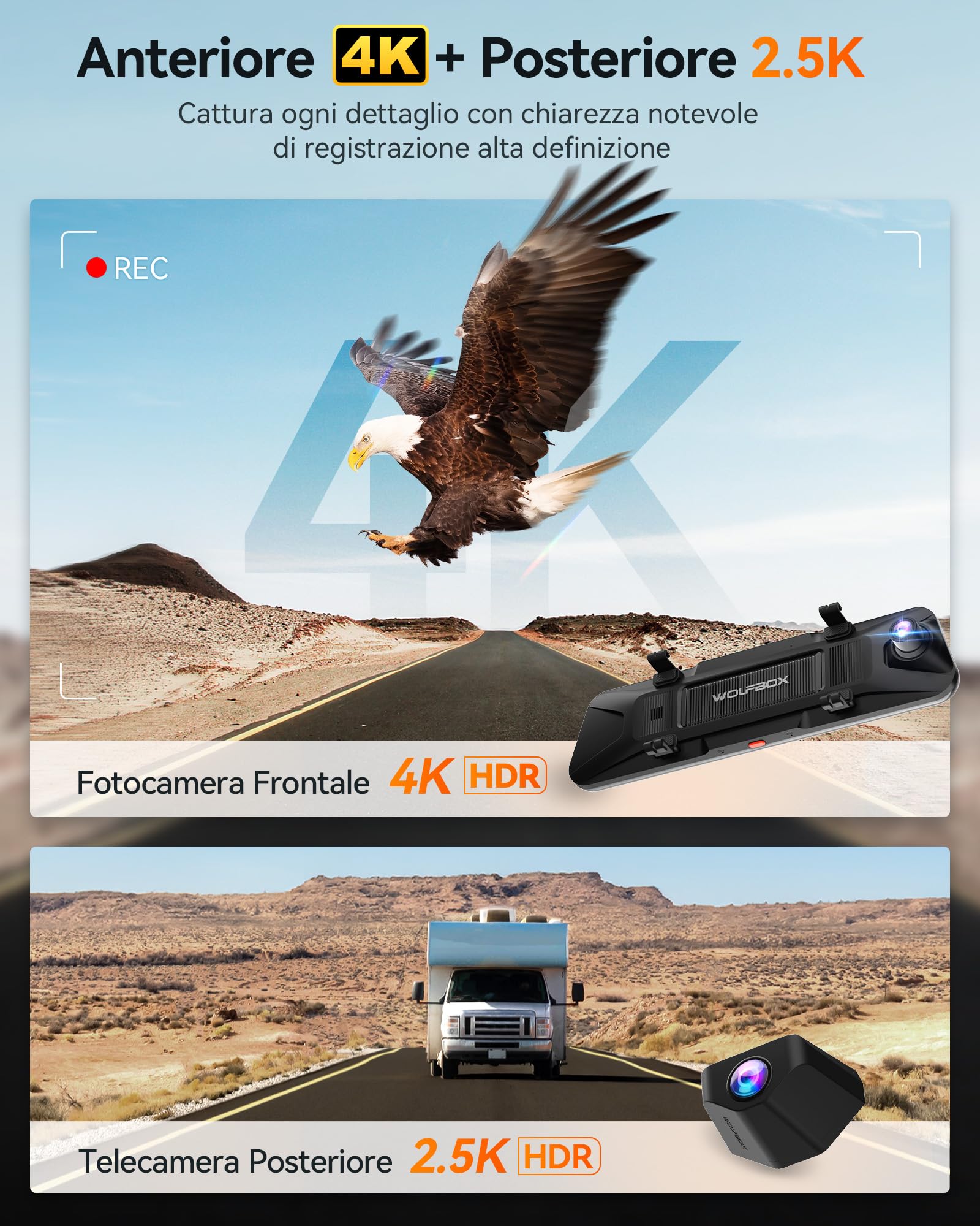 WOLFBOX G900 Pro 12" Dashcam Rétroviseur avec STARVIS 2 IMX678, 4K+2.5K retroviseur Interieur Voiture Camera, 5.8GHz WiFi, Carte 128GB Gratuite, Contrôle Vocal, Capteur G, GPS, Enregistrement Boucle