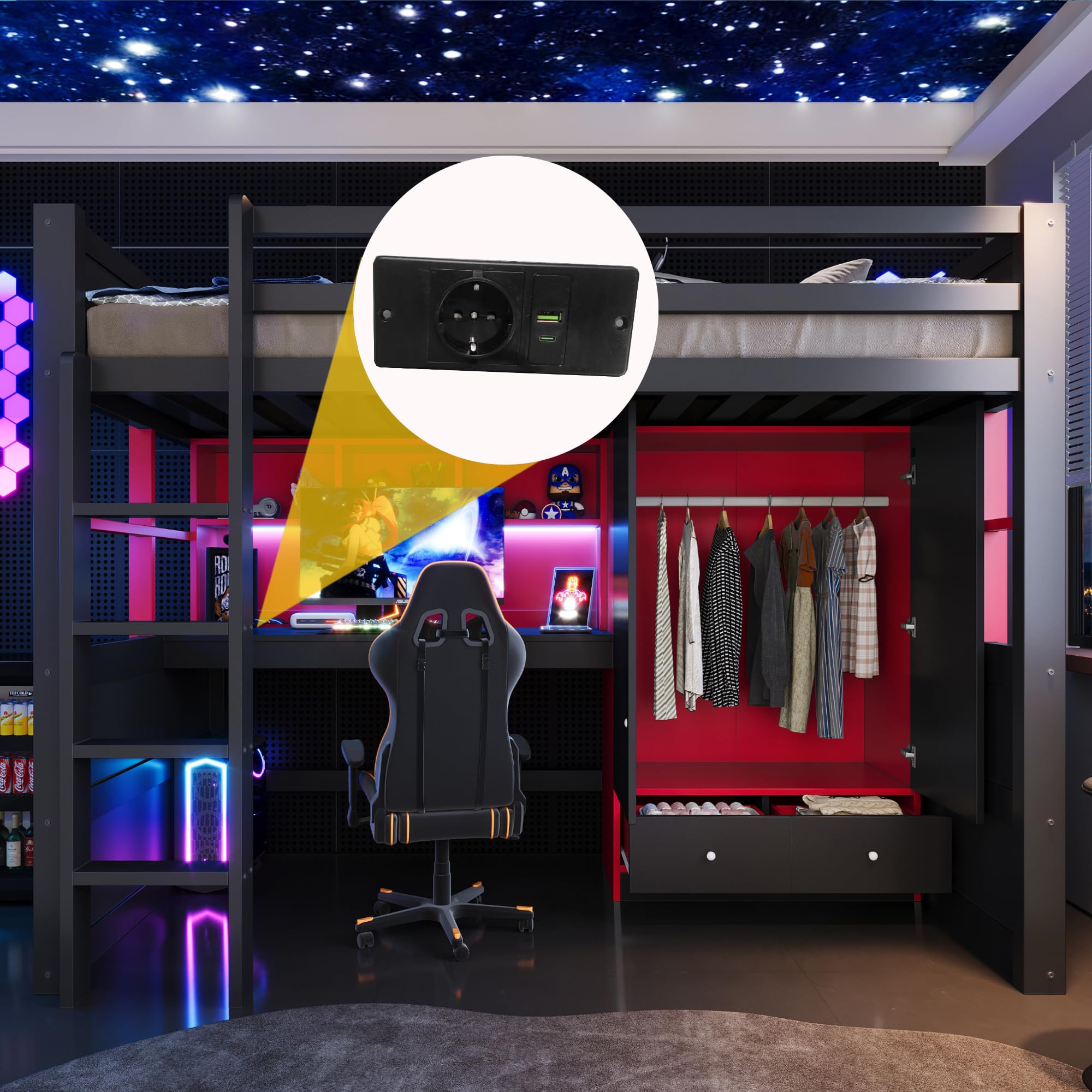 Sapgaks Lit Mezzanine Enfant/Jeune en Bois 90 x 200 avec Bureau,LED,Ports USB/Type-C,Armoire,tiroirs,lit superposé,Style Gaming,Cadre de lit Mezzanine 1 Place,Noir-Rouge