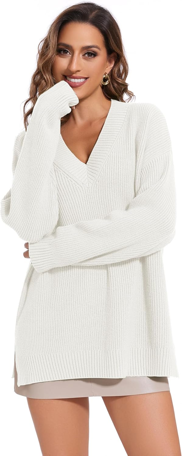 Women's V Neck Oversized Sweaters for Women Off Shoulder Loose Knit Jumper Pullover Tops - Image 2