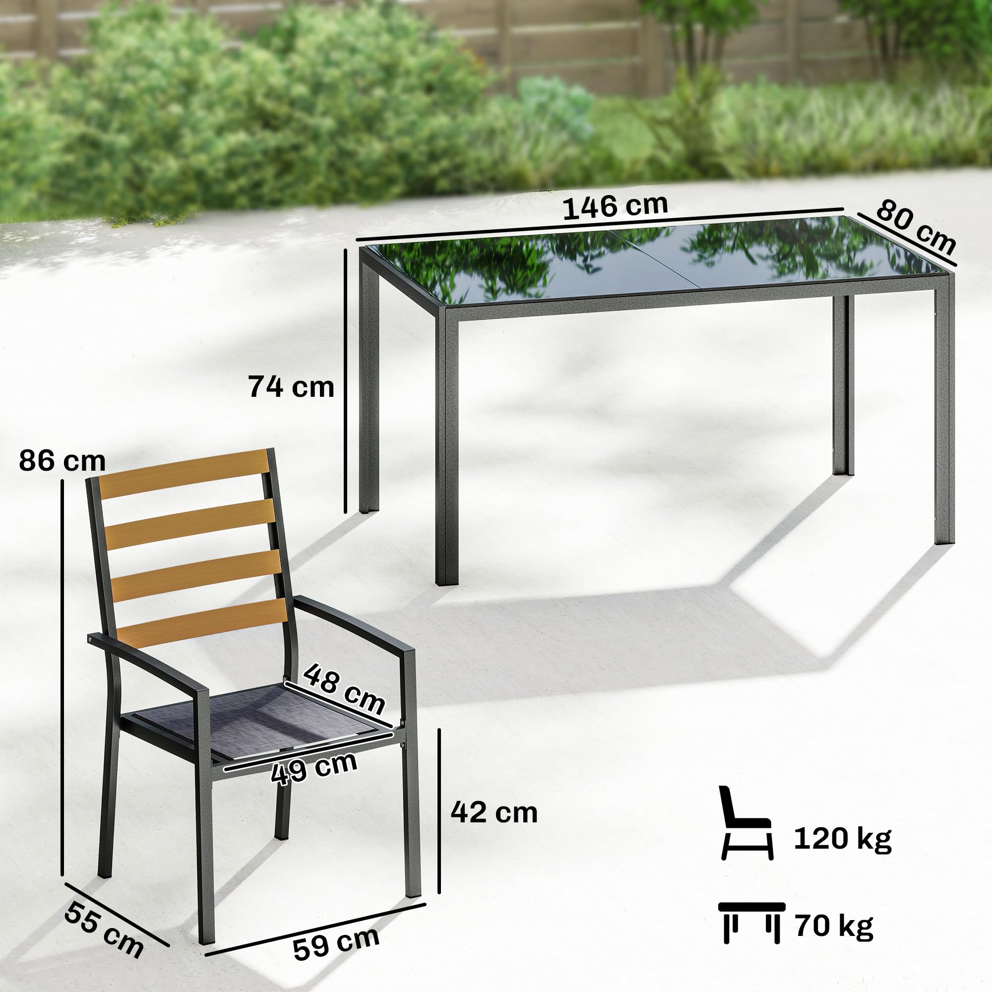 Outsunny Set Tavolo e Sedie da Giardino 7 Pezzi, Set Pranzo Esterno con Tavolo da Giardino Rettangolare in Vetro Temperato, 6 Sedie, Cuscini, Struttura Acciaio Zincato per Terrazza Balcone, Nero