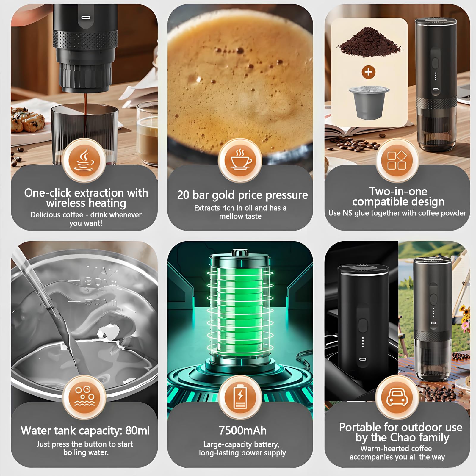 Cafetera Portatil Capsulas,Maquina Cafe Portatil,Espresso Machine,Carga USb-C, Compatible Con Café Molido y Cápsulas, Ideal Para Acampadas, Viajes y Excursiones, Calefacción Inalámbrica (blanco)