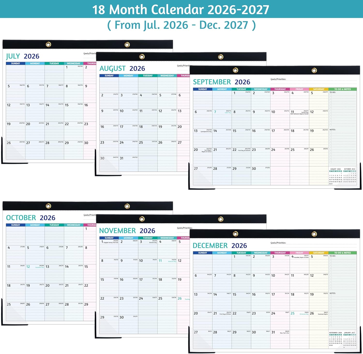Desk Calendar 2026-2027 – JUL 2026 - DEC 2027, 18 Monthly Desk Calendar, Large Desk Calendar 2027, 17’’ x 12’’, 2026-2027 Desk/Wall Calendar with To-do Lists, Desk Pad, Ruled Blocks, Corner Protectors