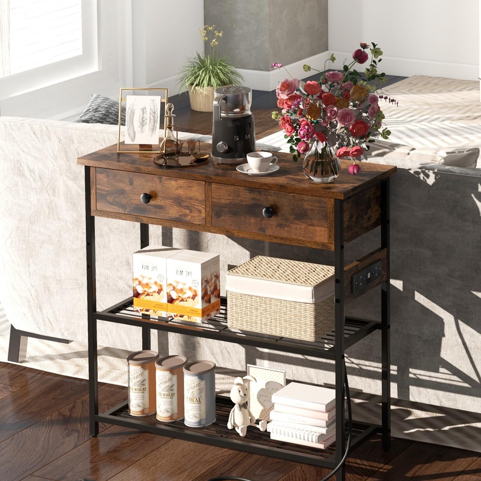 GIANTEX Mesa Consola de 3 Niveles con 2 Cajones y 2 Estantes de Metal, Mueble de Recibidor Estrecha con Estación de Carga, 81 x 30 x 81 cm, Mesa Auxiliar para Salón, Entrada (Marrón Rústico)